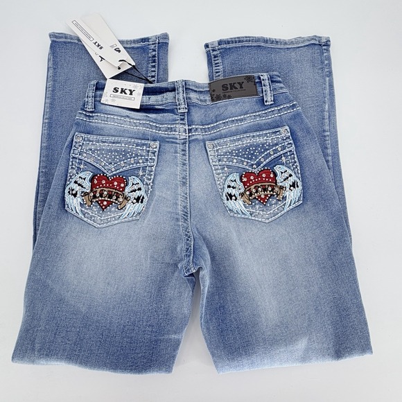 Sky Denim - SKY Premium Collection Bootcut Jeans Love Heart Wings Rhinestone Bling 11/12